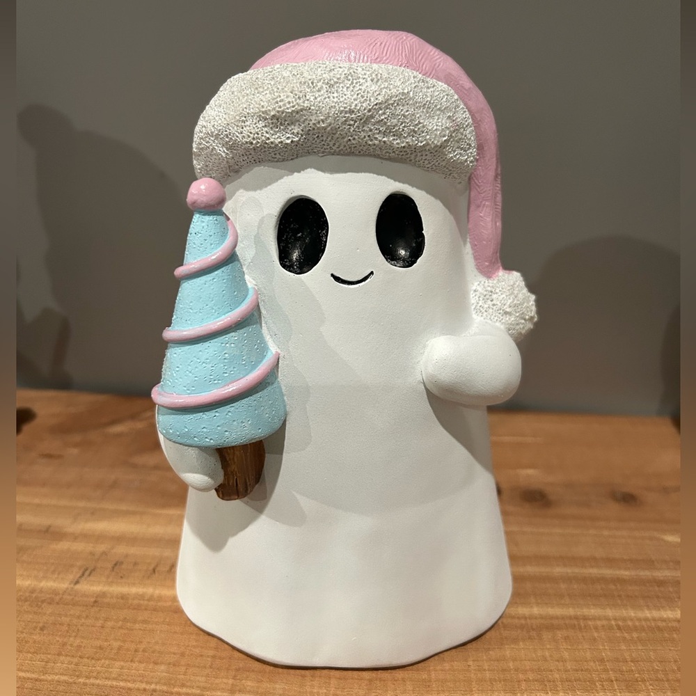NEW 2025 Holiday Ghost in a Pink Santa Hat Holding a Pastel Blue Tree